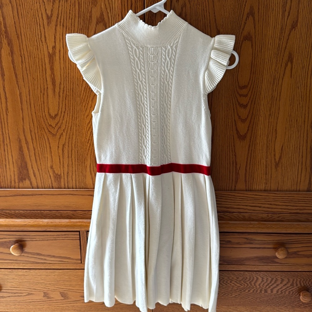 JANIE & JACK GIRLS CREAM-PLEATED RED VELEVT WAIST SWEATER DRESS, BUTTERFLY SLEEV